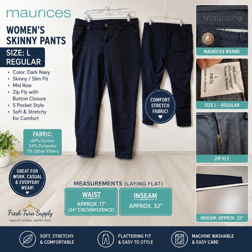 Maurices Womens Skinny Pants Dark Navy Blue Comfort Stretch Mid Rise Size L REG